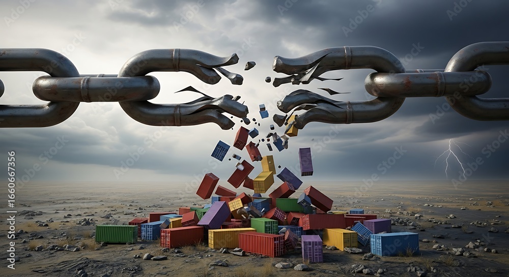 Naklejka premium A shattered chain with colorful falling blocks against a stormy sky, symbolizing breaking free and overcoming obstacles.