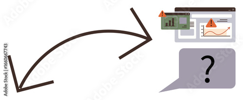Arrows linking data charts and question mark in a speech bubble. Ideal for communication, troubleshooting, workflow, inquiry, analytics, system error, and decision-making. Simple flat metaphor