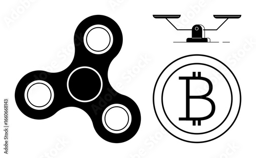 Fidget spinner for focus, Bitcoin icon representing cryptocurrency, and balance scale symbolizing justice. Ideal for finance, technology, trade, stress-relief, balance, digital economy simple flat