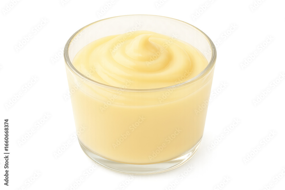 Creamy vanilla pudding swirling in glass cup on transparent background Creamy vanilla pudding swirling in glass cup on transparent background