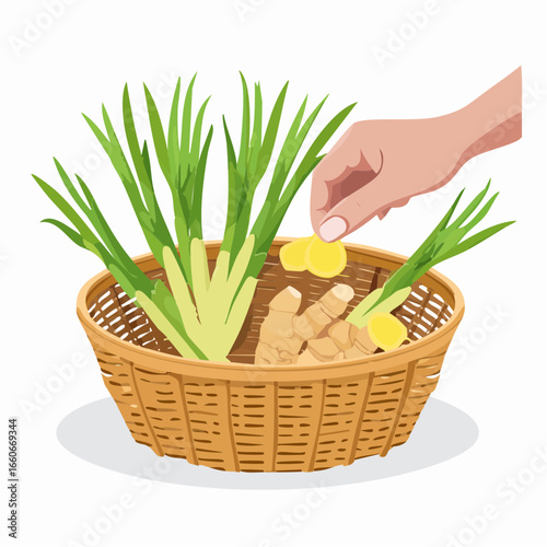 Hand Adding Fresh Ginger and Lemongrass to a Brown Wicker Basket
