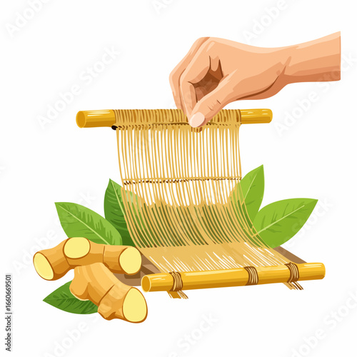 Hand Weaving Traditional Textile on Wooden Loom with Ginger Roots