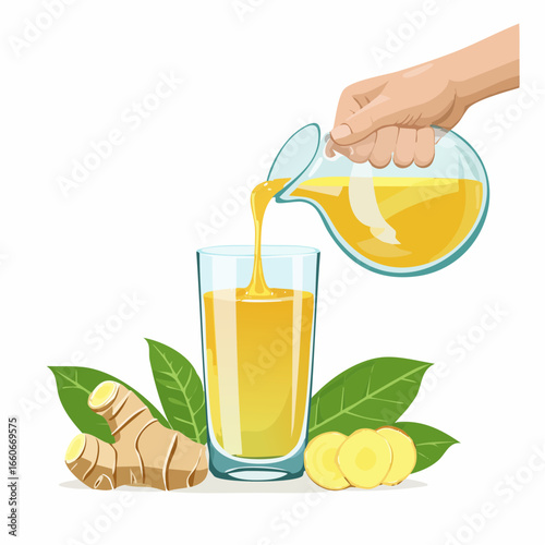 Pouring Yellow Ginger Juice into Glass with Fresh Ginger Root