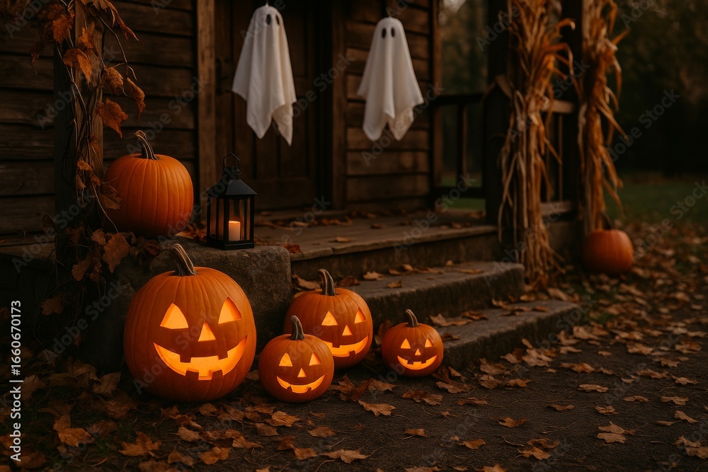 Obraz premium Glowing jack o' lanterns flanking wooden home's entrance, surrounded by spectral decorations and corn stalks, radiating eerie halloween ambiance