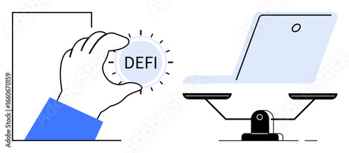 A hand holds a DeFi coin while a laptop balances on a scale. Ideal for blockchain, cryptocurrency, decentralized finance, fintech innovation, balance, technology, and economic fairness. A simple flat