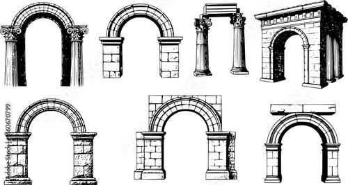 Set of sketched silhouettes of antique arches. Basic elements of Greek architecture.