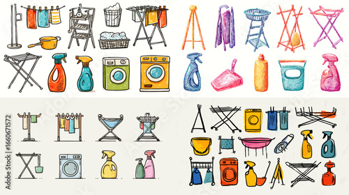 Hand-drawn colorful illustration of laundry and cleaning equipment including washing machines, detergent, and drying racks. Perfect for home, hygiene, or household product design concepts.