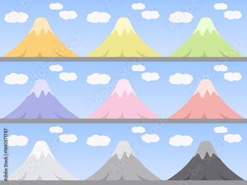 カラフルな山々が並ぶ風景 青空背景のイラスト