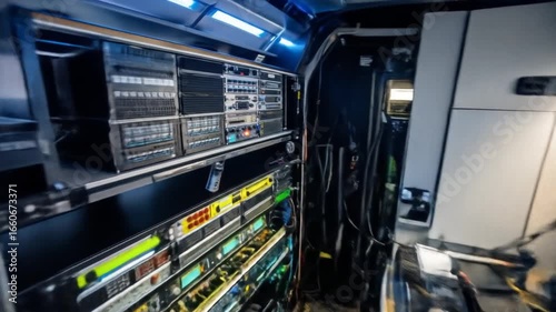Inside a High-Tech Mobile Command Center with Advanced Computer and Server Equipment in Van
