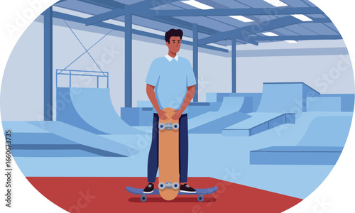 Young man holding skateboard in indoor skate park with ramps and rails vector illustration 