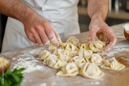 Chef preparing fresh homemade tortellini on wooden board