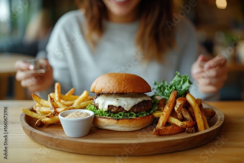 Woman about to eat a hamburger with french fries and sauce in a restaurant