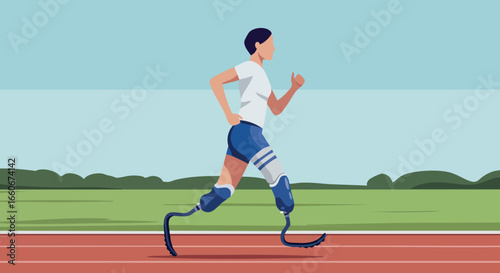 Athlete running with prosthetic legs on track in outdoor sports training environment 