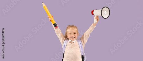 Cute little schoolgirl with big pencil and megaphone on lilac background