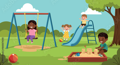 Children playing on playground with swings slide and sandbox in park vector illustration 