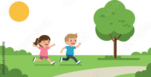 Children running outdoors on sunny day with green tree and path vector illustration 
