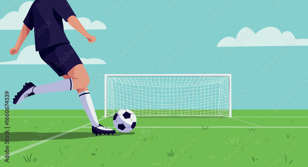 Fototapeta premium Soccer player kicking ball towards goal on green field vector illustration 