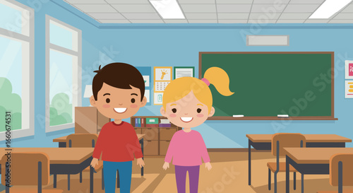 Children smiling in classroom with desks and chalkboard educational vector illustration 