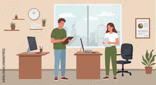 Office teamwork collaboration between male and female coworkers with cityscape background vector 
