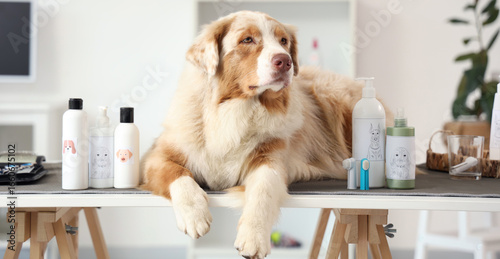 Cute Australian Shepherd dog with pet products lying on table in grooming salon