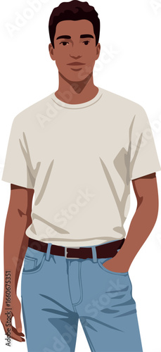 Young man standing in casual white t-shirt and blue jeans vector illustration 
