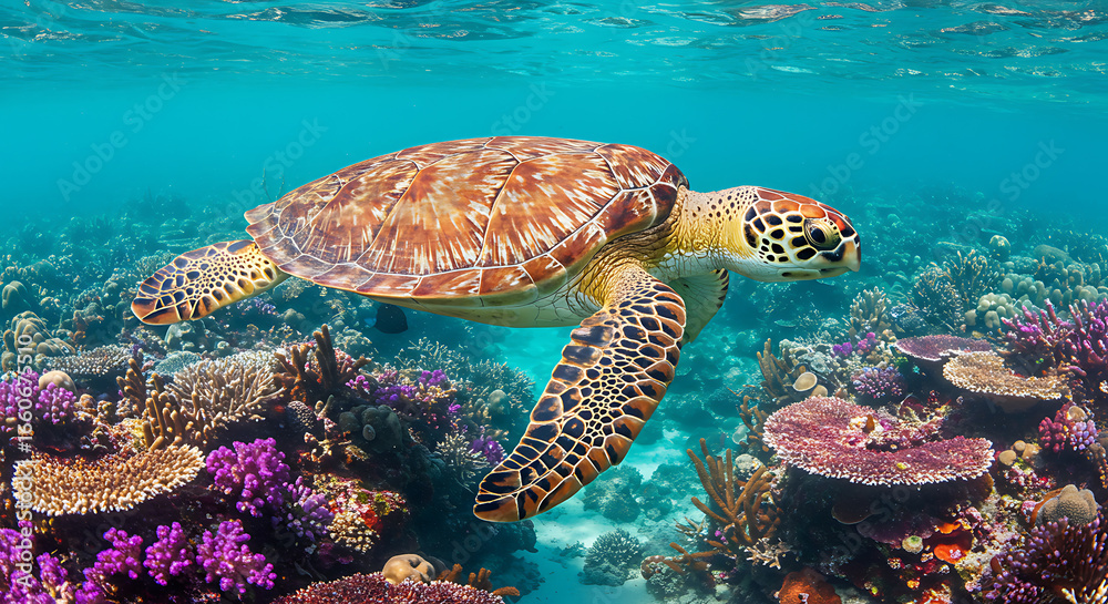 Fototapeta premium Sea Turtle Gliding Over Vibrant Coral Reef