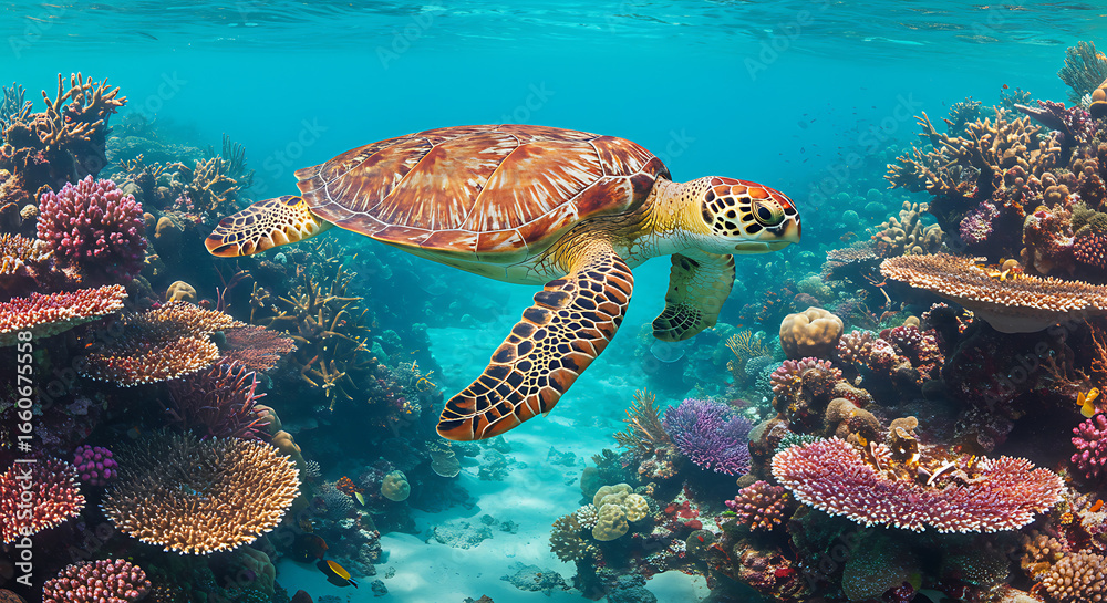 Fototapeta premium Sea Turtle Gliding Through Vibrant Coral Reef Underwater