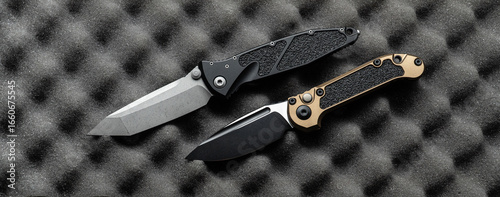 Two tactical folding knives on a black foam back