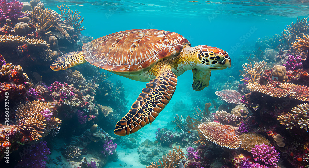 Fototapeta premium Sea Turtle Swimming Over Vibrant Coral Reef