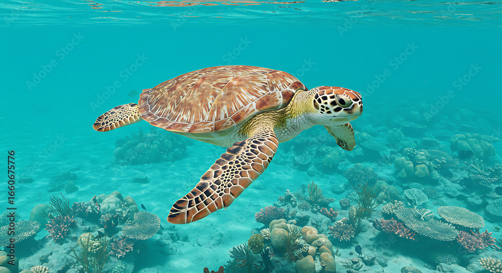 Obraz premium Sea Turtle Swimming Underwater Near Coral Reef Ecosystem