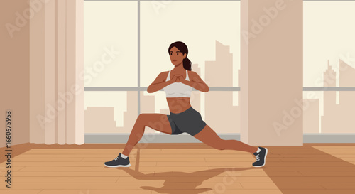 Woman doing indoor stretching exercises in sportswear at home gym vector illustration 