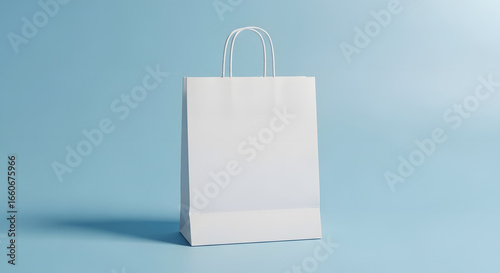 A plain white paper shopping bag with handles stands against a light blue background.