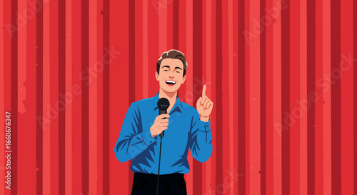 Man in Blue Shirt Holding Microphone Performing Standup Comedy on Red Curtain Stage 
