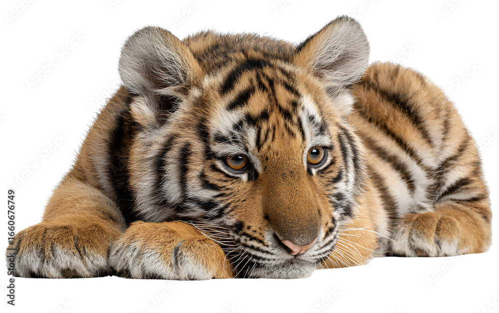 Obraz premium A cute baby tiger lying down, isolated on a transparent background, in a PNG file.