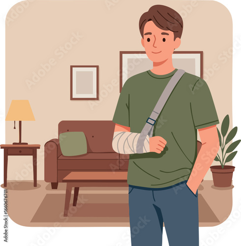 Young man with arm cast standing in living room with casual clothes and calm expression vector illustration 