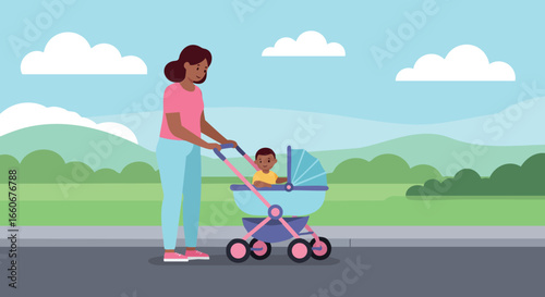 Woman pushing baby stroller on pathway with hills and clouds background vector illustration 