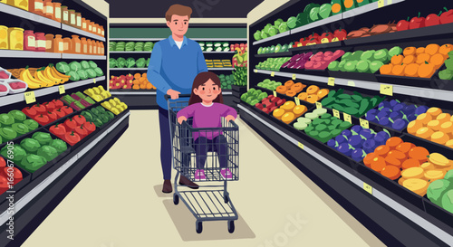 Father pushing daughter in wheelchair shopping fresh fruits and vegetables grocery store 