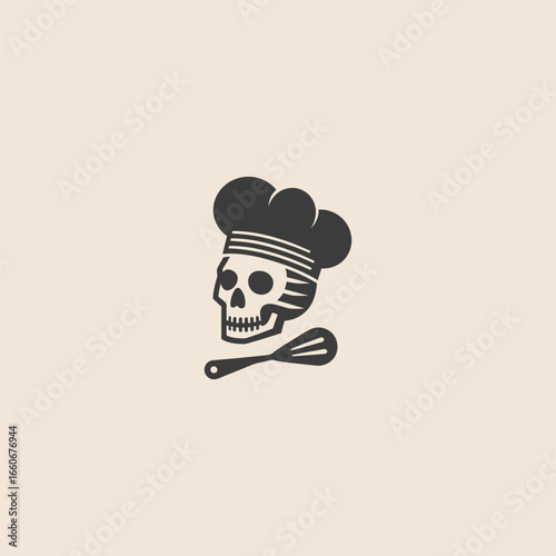 Minimalist simple skull chef logo in creative silhouette design.
