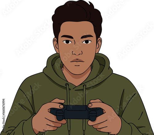 Young man playing video games with controller in green hoodie digital vector illustration 