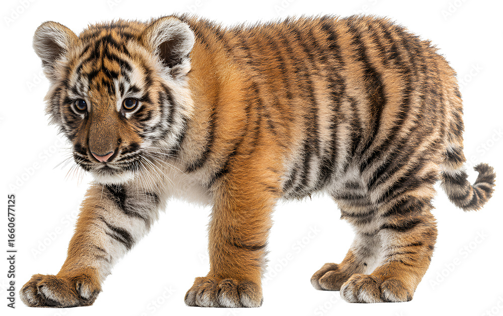 Obraz premium A cute baby tiger lying down, isolated on a transparent background, in a PNG file.