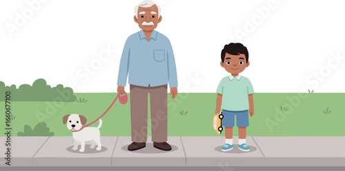 Grandfather walking dog with grandson boy in park vector illustration 