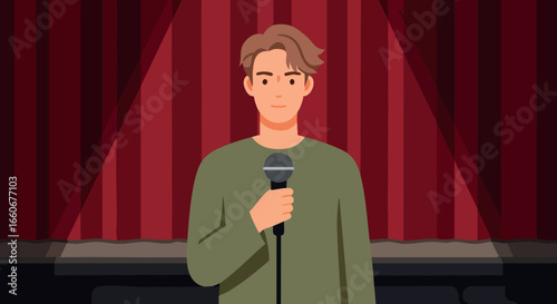 Male Standup Comedian Performing on Stage with Microphone and Red Curtains Background 