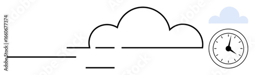 Minimalist composition with cloud and analog clock symbolizing speed, efficiency, and time management. Ideal for technology, productivity, cloud computing, time tracking, deadlines, work efficiency
