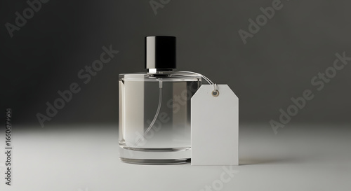 A sleek, transparent perfume bottle with a blank tag against a gradient background.
