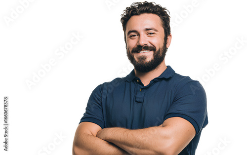 A handsome, smiling man with dark hair and a beard, wearing a blue polo shirt, stands in front of a white background with his arms crossed.