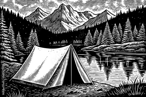 Alpine tent near crystal lake surrounded by pine forest and snowy mountains, black and white line art illustration