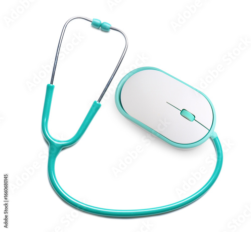 Modern stethoscope on white...