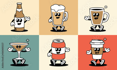 Cartoon drinks collection with happy faces trendy vector graphic illustration vintage beverage set