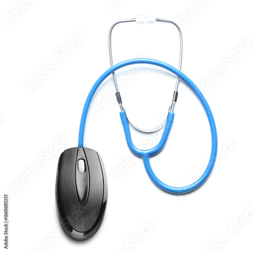 Modern stethoscope on white...