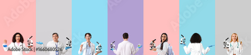 Set of many people with microscopes on color background